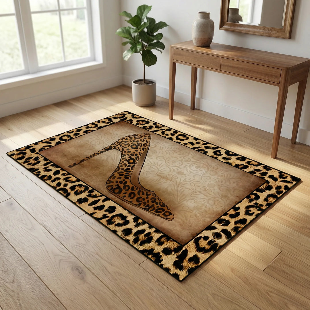 Leopard print entryway mat with stylish wave pattern. Durable, non-slip area rug for indoor home decor.
