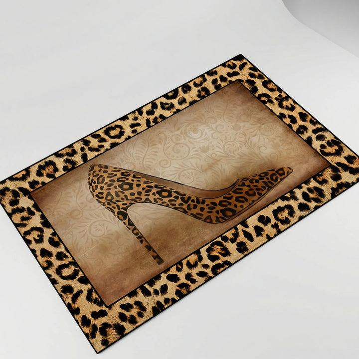 Washable leopard print mat for entryway. Stylish indoor/outdoor animal print rug with non-slip backing.