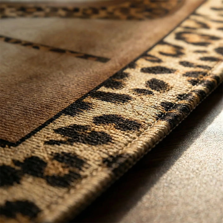 Statement Flowique leopard print area rug. Trendy entryway mat, washable & non-slip for modern home decor.