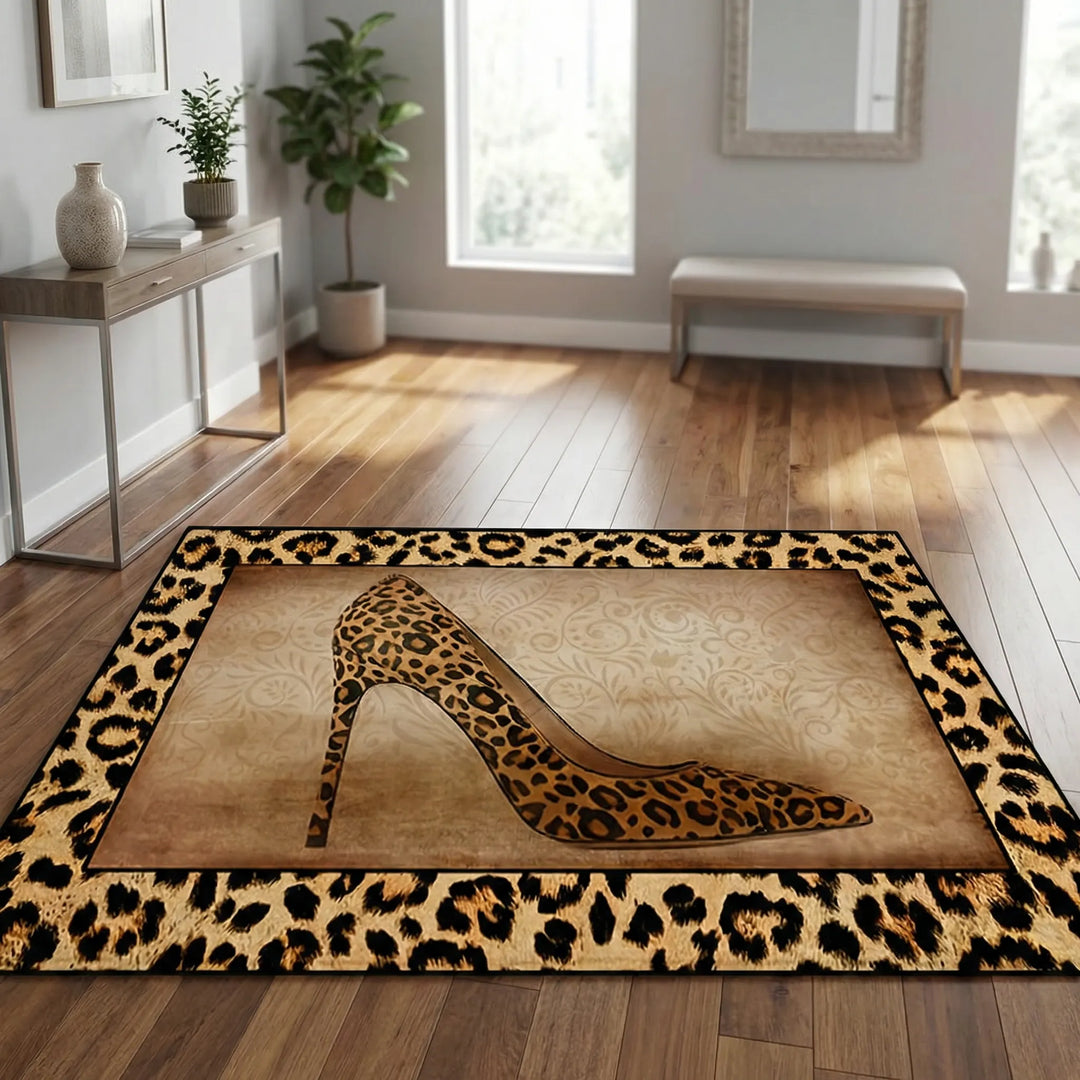 Stylish leopard print entryway mat. Animal print rug with waves for indoor/outdoor use, non-slip & washable.