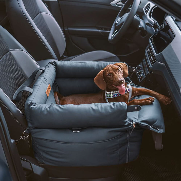 Stylish faux leather pet car seat for dogs, offering luxury & safety during car rides.