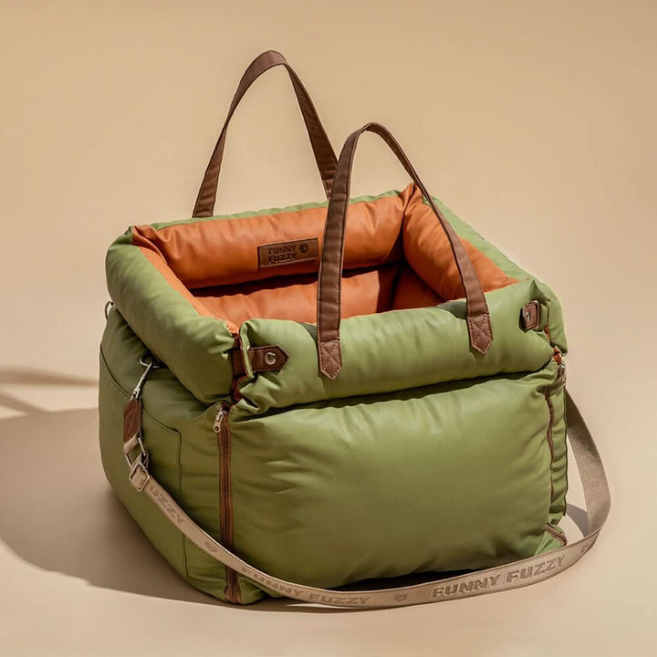 Premium faux leather dog car seat with secure buckles & plush interior for comfortable pet travel safety.