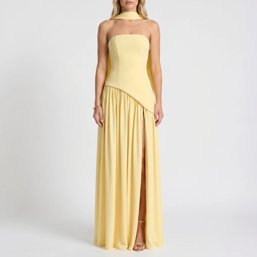 Luxurious women's draped floor-length gown with a high slit, a perfect elegant dress for cocktail attire.