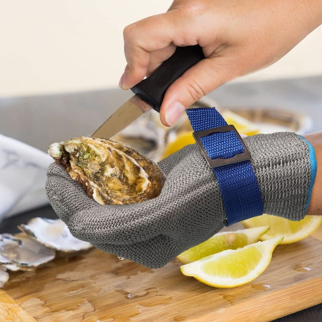 Durable, cut-resistant stainless steel mesh gloves for kitchen safety, food preparation & hand protection.