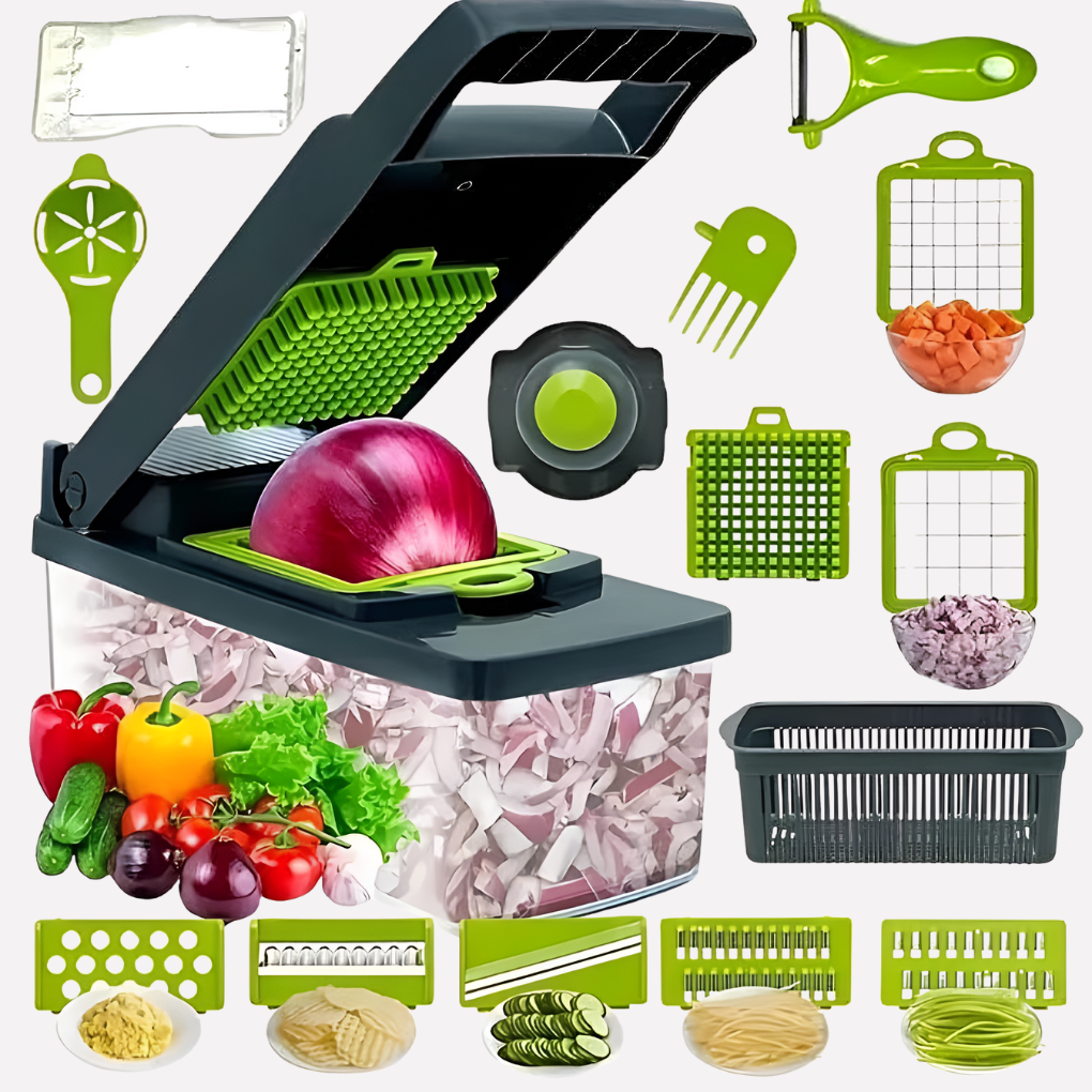 Multi-function vegetable chopper & spiralizer with stainless steel blades for easy food prep, slicing, and dicing.