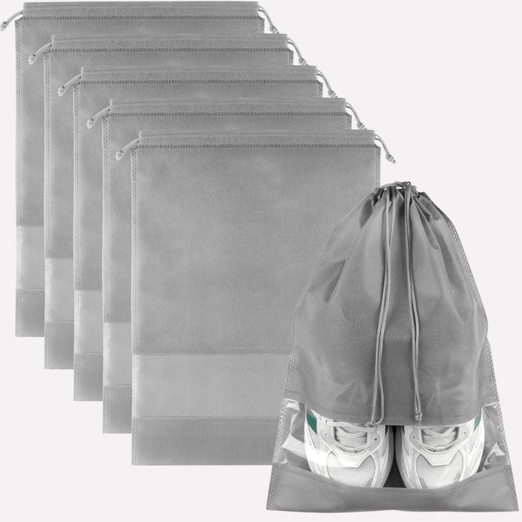 Versatile accessory pouches & clear drawstring bags for travel essentials, cables, & small items. 5-piece set.