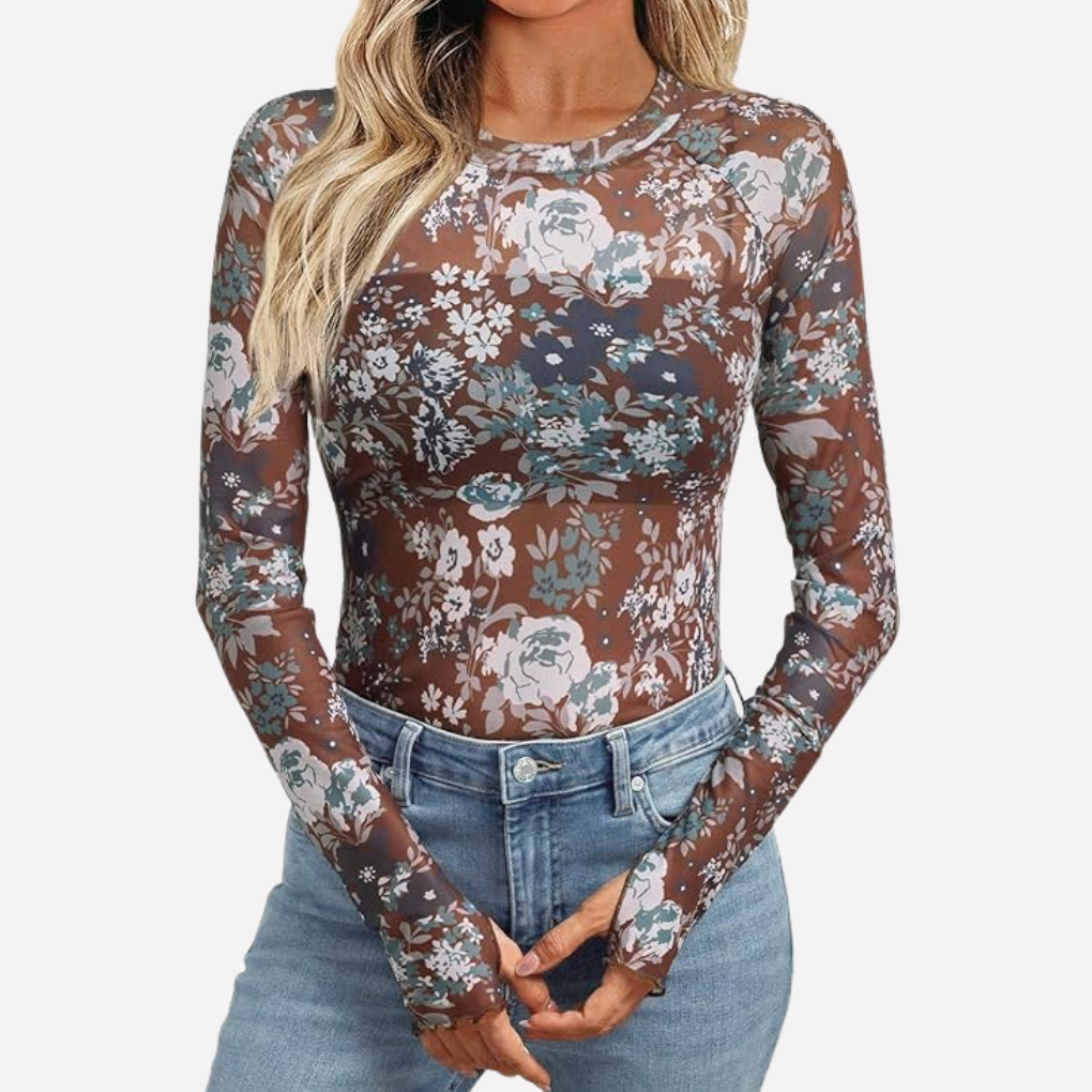 Chic women's sheer patterned long sleeve top for evening wear. Elegant slim fit blouse, great for layering & parties.