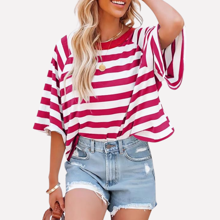 Everyday women's short sleeve striped color block crewneck top, comfortable and modern for spring.