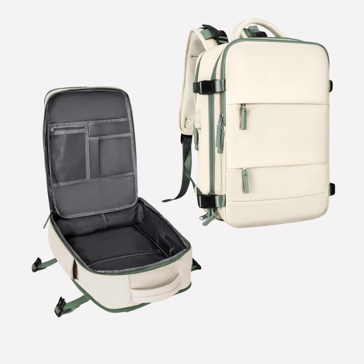 Organized & durable travel backpack with padded laptop sleeve and compression straps.