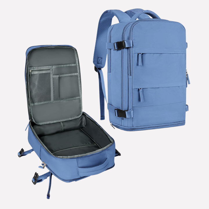 Ergonomic travel backpack with breathable, padded shoulder straps for all-day comfort.