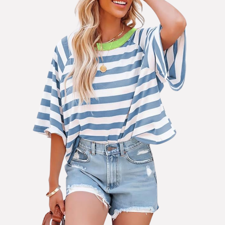 Vibrant women's striped color block crewneck top, short sleeve, great for summer fashion & spring style.
