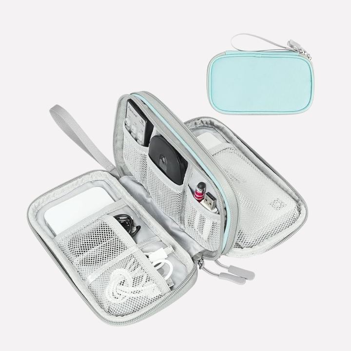 Versatile tech pouch for cable management and electronics storage.