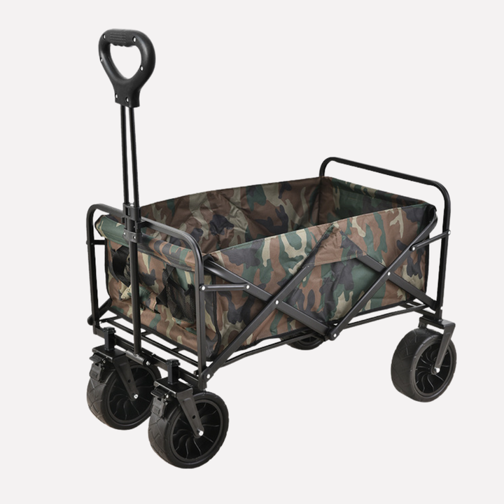 Heavy duty collapsible utility wagon with large capacity, ideal for hauling outdoor gear, camping supplies, and garden tools.