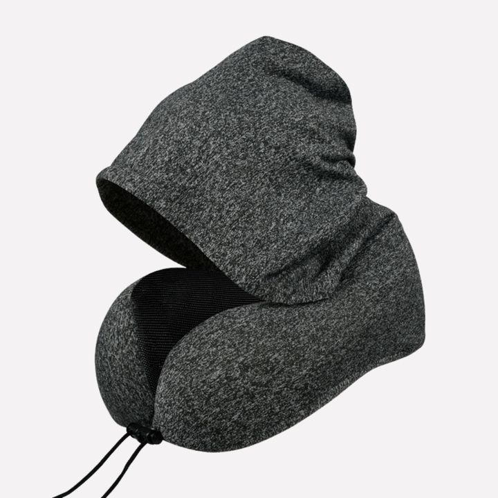 Memory foam travel neck pillow set with eye mask & earplugs, perfect for flight comfort & road trips.