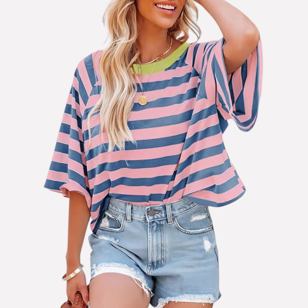 Stylish women's relaxed fit striped color block crewneck shirt, ideal for casual spring outfits.