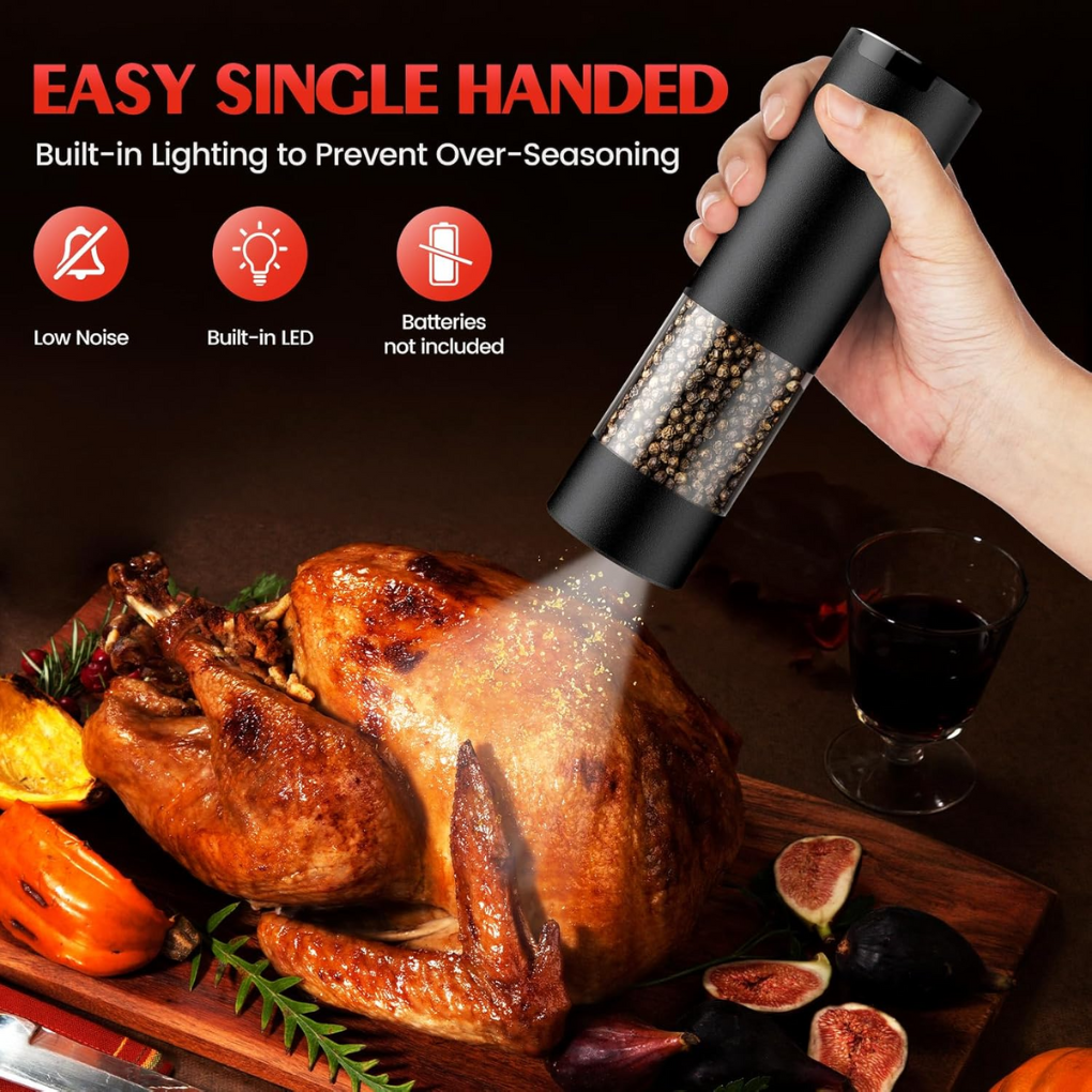 Adjustable electric salt & pepper mill set. Sleek, battery-powered spice grinders, perfect kitchen seasoning tools.