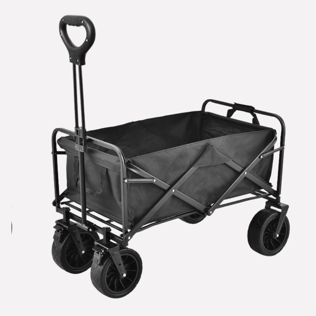 Collapsible gardening cart with durable wheels, hauling bags of soil & tools. Essential for yard work & landscaping.