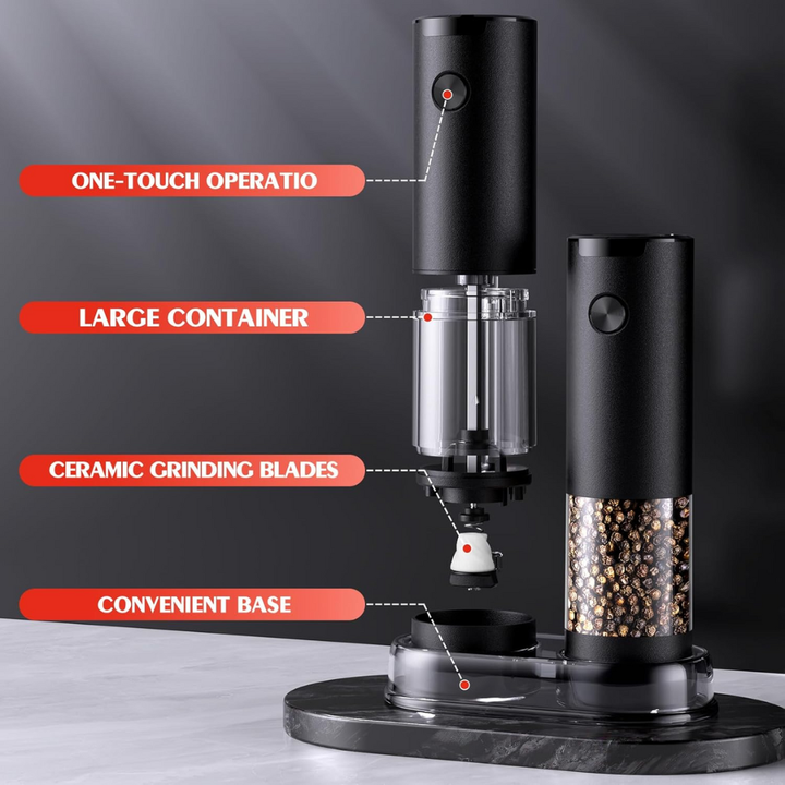 Automatic electric salt and pepper grinder set for easy cooking. Battery-powered mills, essential kitchen seasoning tool.