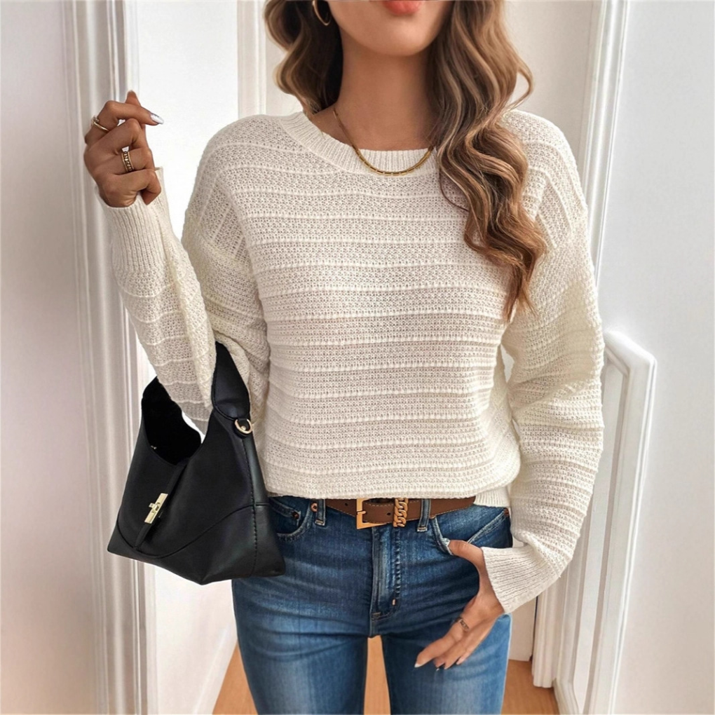 Close-up of the women's bow-back detail on a casual long sleeve pullover sweater, perfect for everyday style.