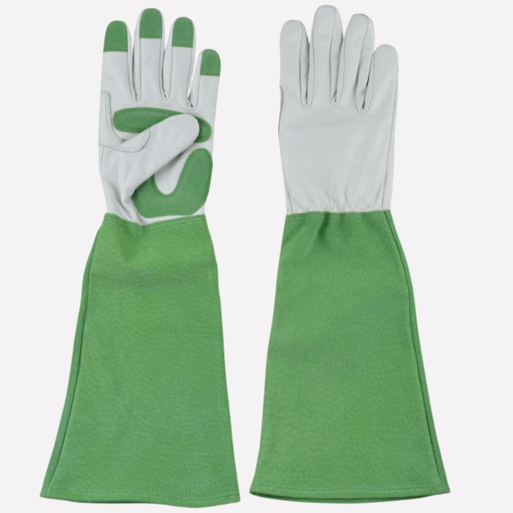Unisex long gardening gloves; durable hide work gloves for extended protection in planting, pruning & yard work.