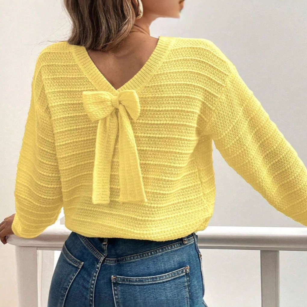 Everyday women's long sleeve pullover sweater with a unique bow-back design, great for casual fall and winter wear.