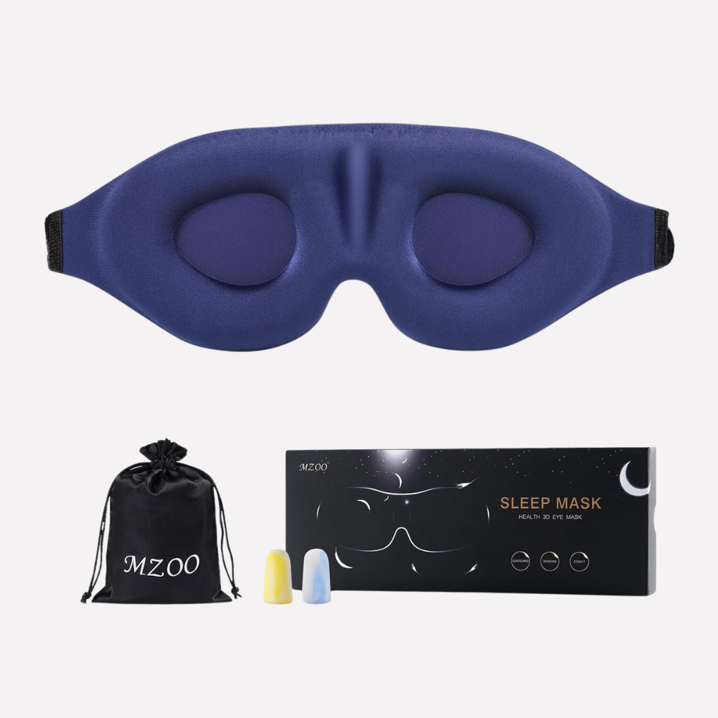 Light-blocking unisex eye mask, 3D contoured with memory foam, ensuring complete darkness for deep, undisturbed sleep.