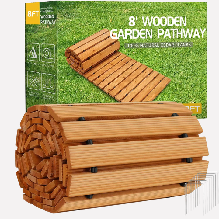Flexible wooden roll-out garden pathway, perfect for outdoor walkways, protecting lawns and preventing mud.