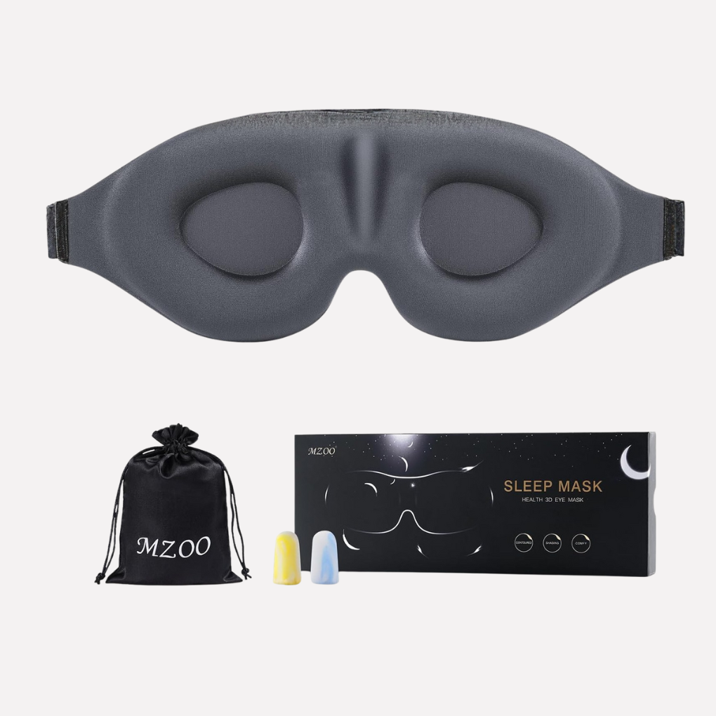 Stylish unisex sleep mask, 3D contoured for zero pressure, with adjustable strap & memory foam for travel or home.
