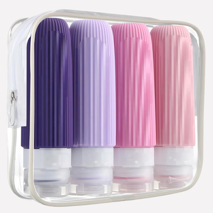 Unisex TSA approved travel toiletry bottles set, leak-proof silicone, refillable, ideal for airplane carry-on personal care.
