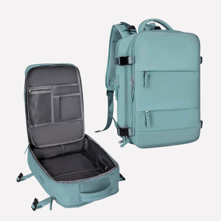 Organized travel backpack featuring multiple compartments & wet pocket for essentials.