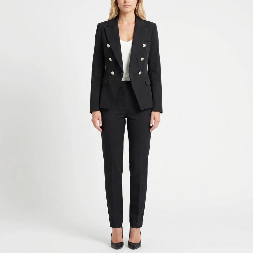 Elegant women's double-breasted blazer & slim fit trouser suit. Stylish formal outfit for evening & office.