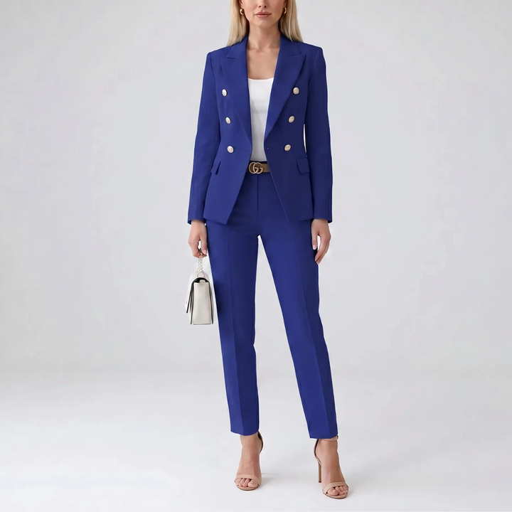 Fashionable women's two-piece ensemble. Sophisticated tailored jacket & comfortable straight-leg trousers.