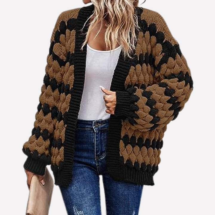 Versatile women's open-front cardigan shown in a stylish everyday outfit, a comfortable layering piece.