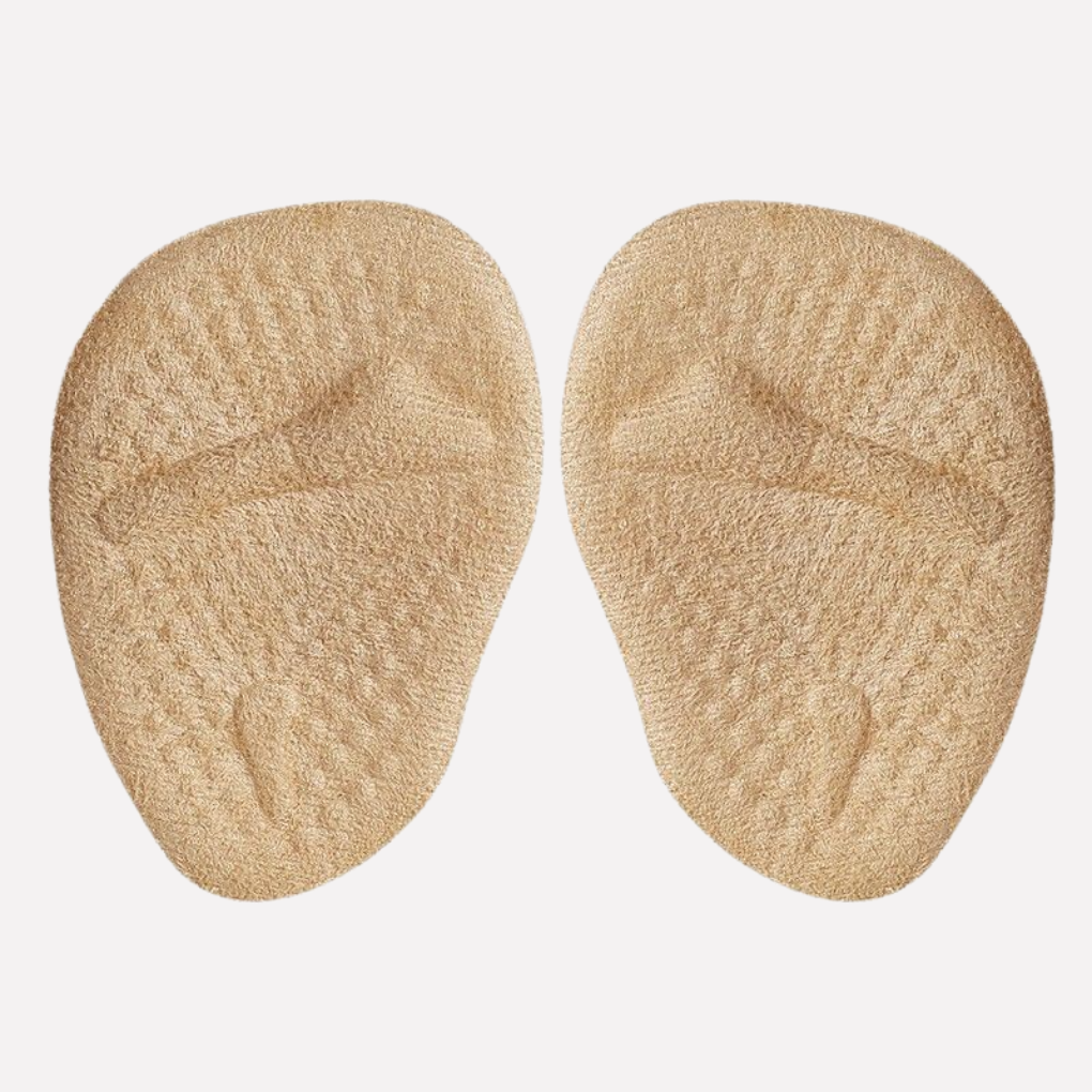 Unisex beige metatarsal ball of foot support pads for pain relief and comfort, 2 pairs, reusable shoe inserts.