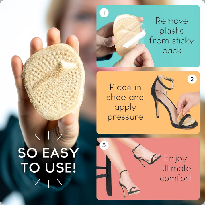 Beige unisex forefoot support pads for daily wear & walking comfort. Reusable metatarsal shoe inserts, 2 pairs.