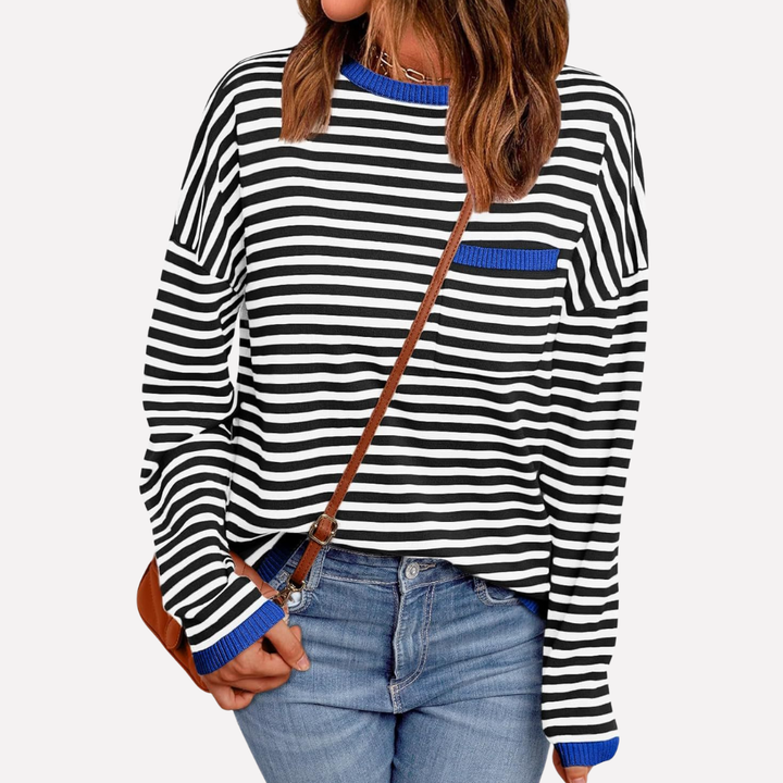 Women's striped long-sleeve pullover knit top with a relaxed fit & chest pocket for effortless casual style.