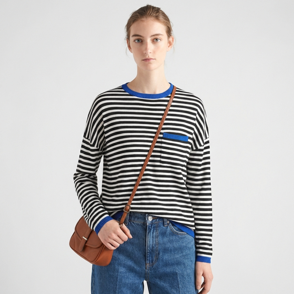 Women's cozy striped knit pullover top with a relaxed fit, perfect for casual everyday style and comfort.