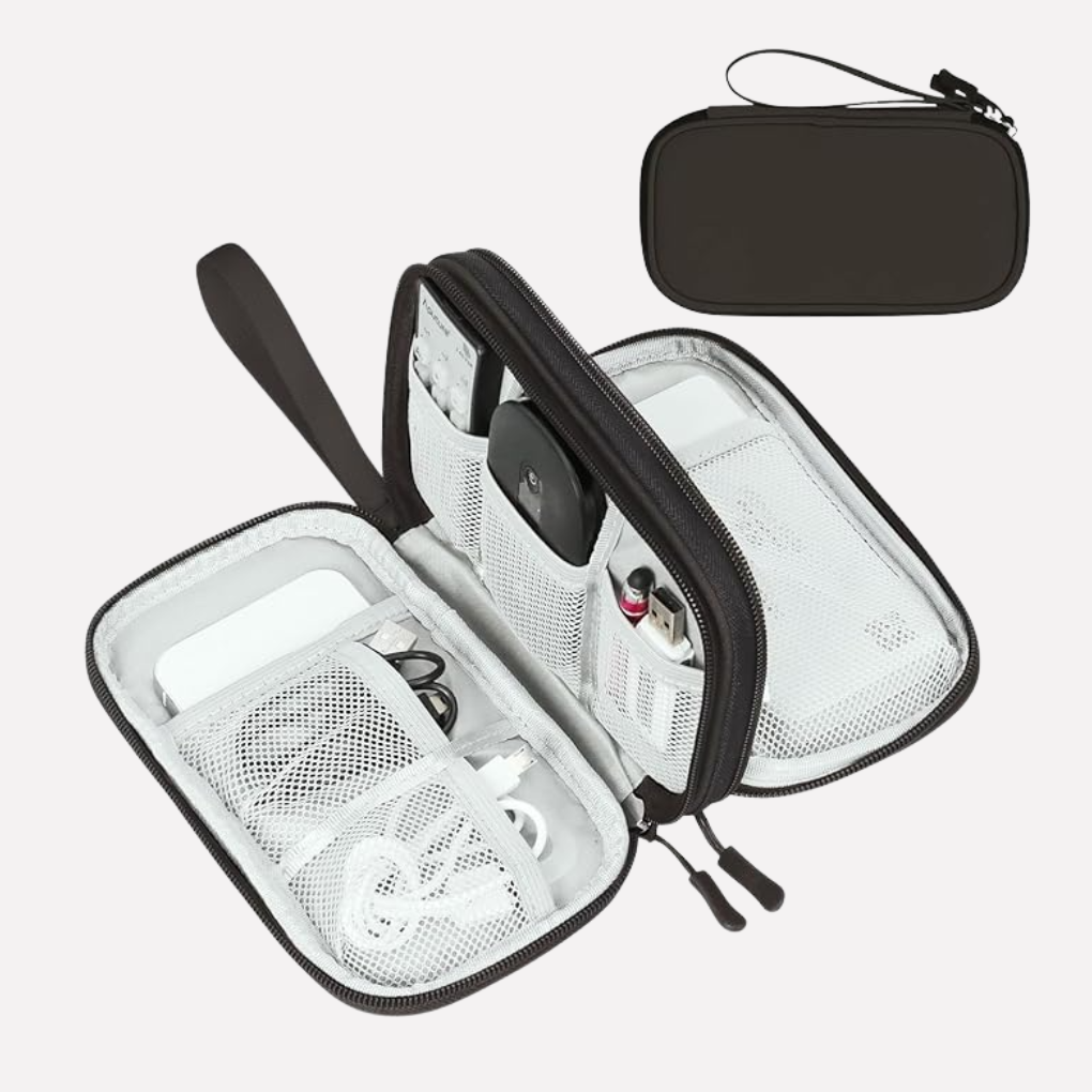Efficient electronics storage in a unisex travel tech organizer pouch.
