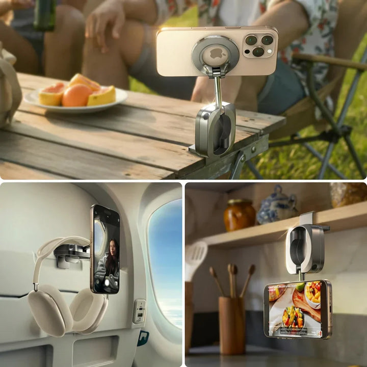 Adjustable universal travel phone holder & desk stand. Compact black smartphone mount for hands-free viewing.