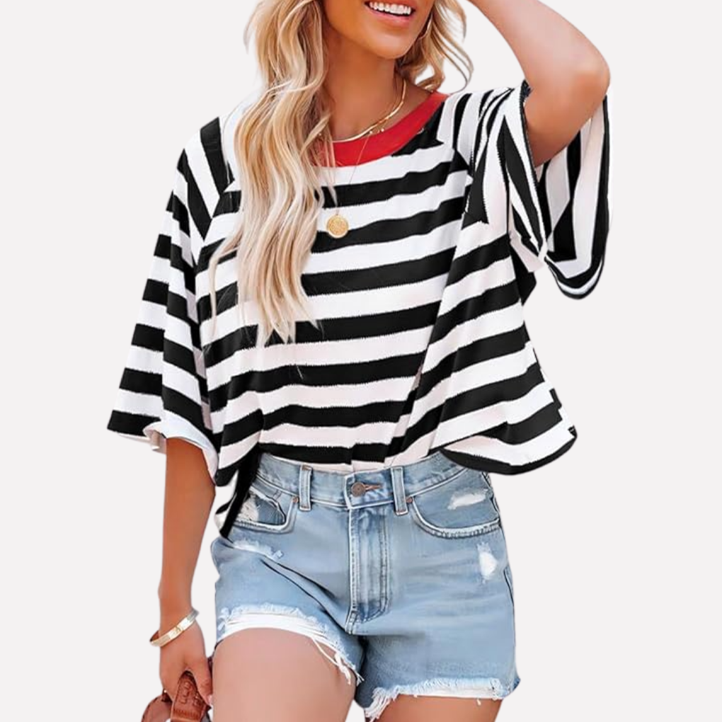 Trendy women's color block striped crewneck top, short sleeve, a versatile casual summer shirt.