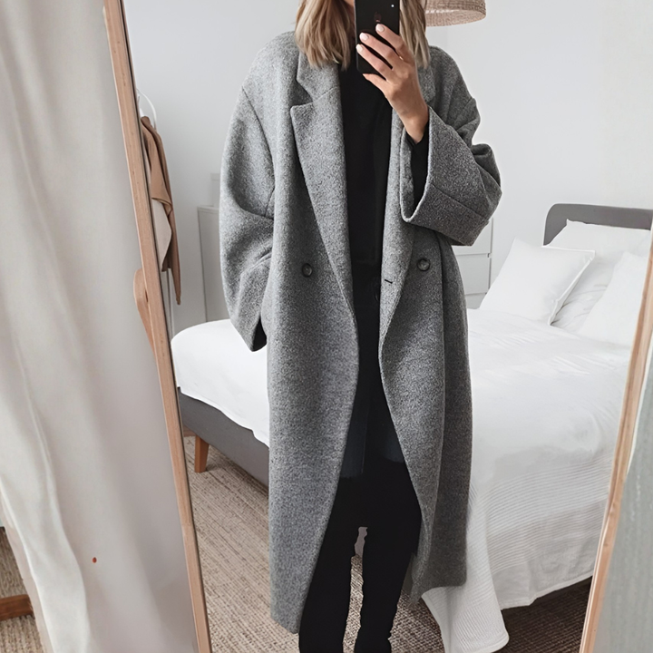 Stylish women's long winter coat, perfect structured outerwear for everyday or formal cold weather elegance.