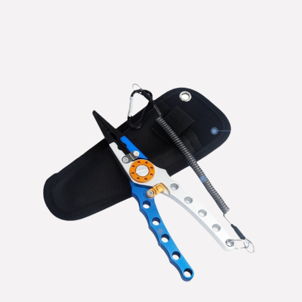 Durable aluminum fishing pliers with braid cutters & hook removal tool, essential for all anglers.