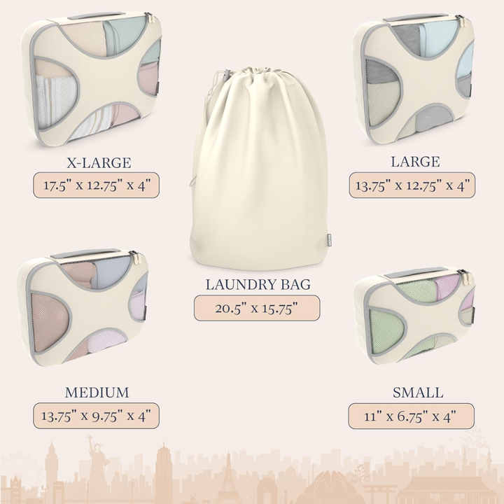 Sand-colored nylon 5-piece travel packing cubes for unisex luggage organization. Essential trip accessories.