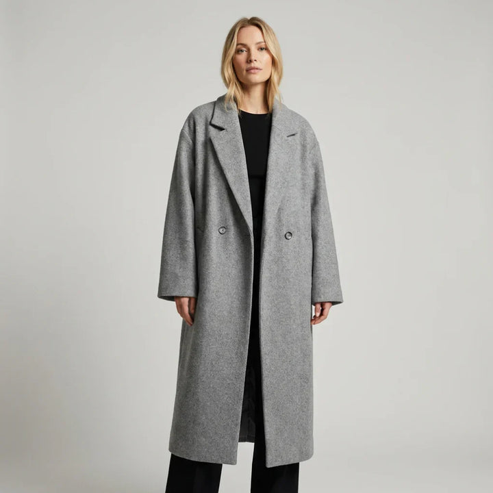 Elegant women's structured winter coat for stylish cold weather protection. Long, formal outerwear.