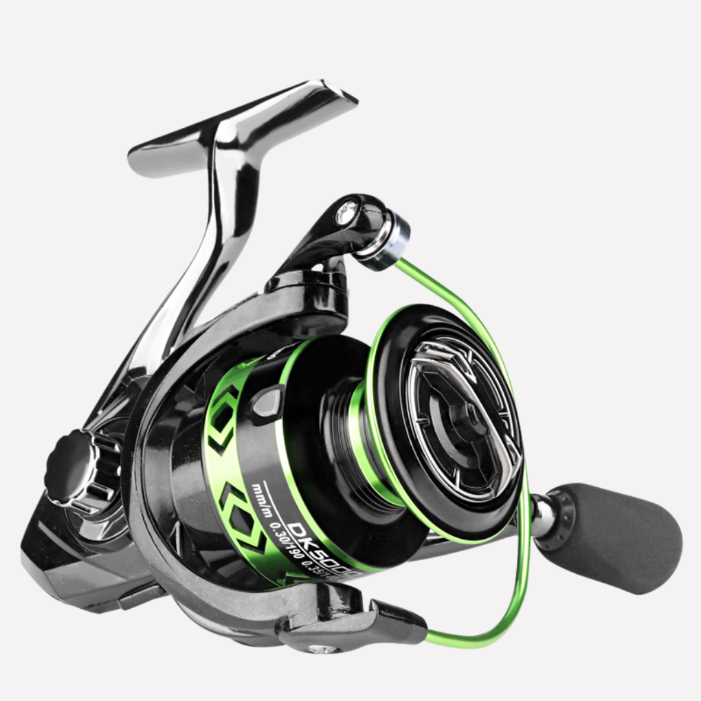 Green high-speed spinning fishing reel for rapid retrieves, ideal for freshwater & saltwater angling.