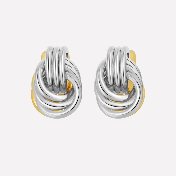 Versatile gold and silver knot earrings, ideal for women's elegant jewelry collection.
