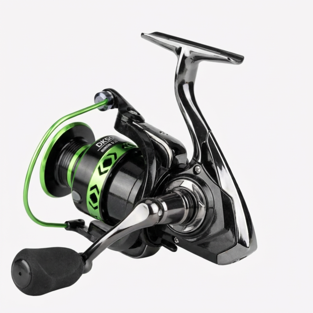 Durable green high-speed spinning fishing reel for efficient outdoor freshwater and saltwater angling.
