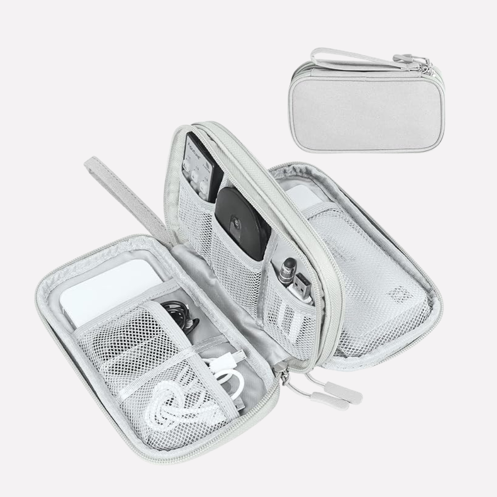 Sleek portable cord organizer for USBs, chargers, and small gadgets.