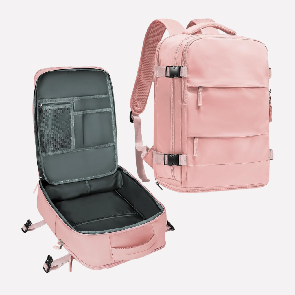Compression travel backpack to optimize space, great for packing light.