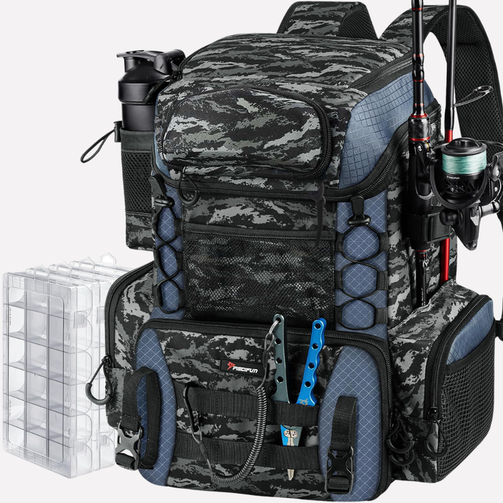 Versatile fishing tackle backpack in camo, ideal for hiking, camping, & angling adventures.